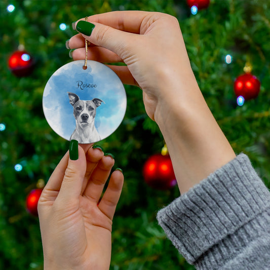 Hand holding a pet memorial ornament with a dog's face on a Christmas tree background